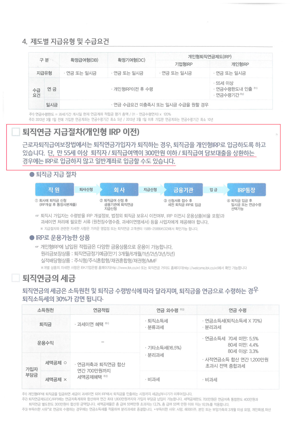 선우회계법인 IRP 계좌 - 단, 55세 이후에 퇴직하는 경우 또는 퇴직금이 2015.12.11.이후 퇴직자 300만원(前 150만원)이하인 경우는 IRP... 